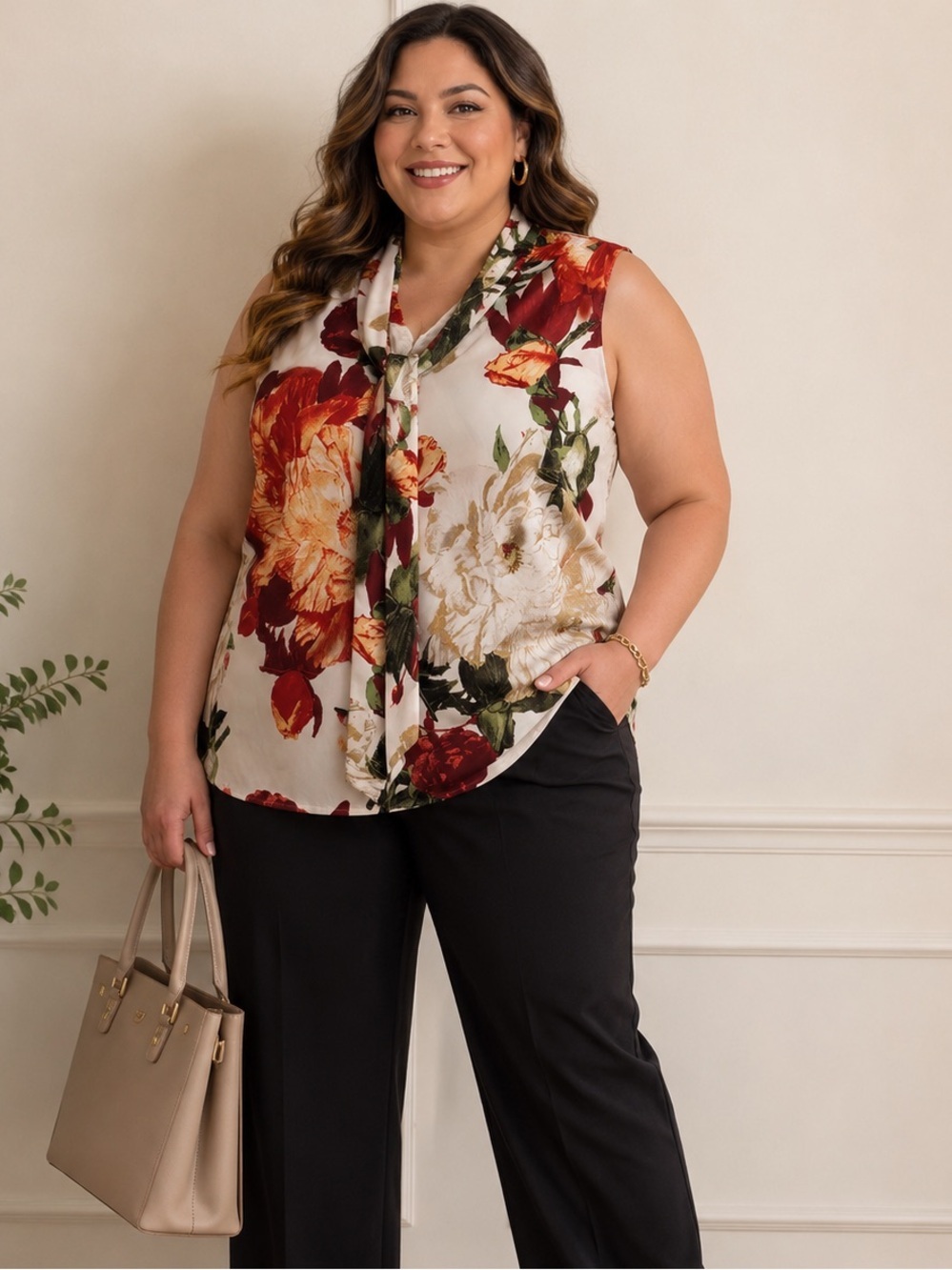 Anne Klein Floral Tie-Neck Sleeveless Blouse in Cream, Red & Green